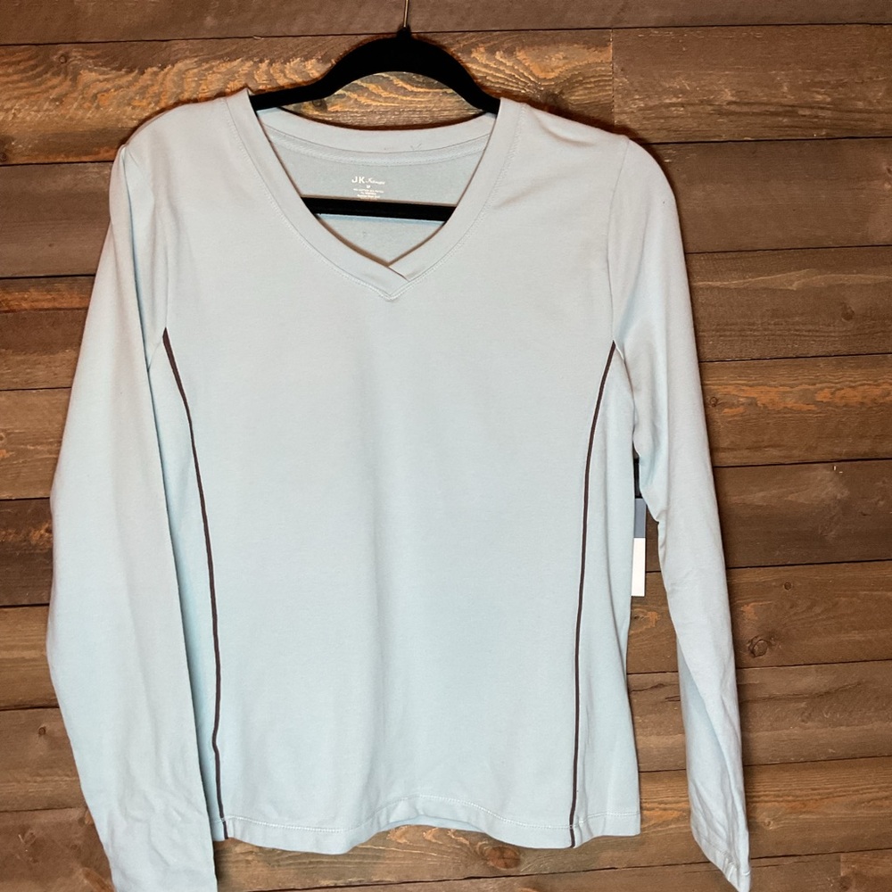 JK Intimates Light Blue V-Neck Long Sleeve Shirt with Purple Trim Medium NWT